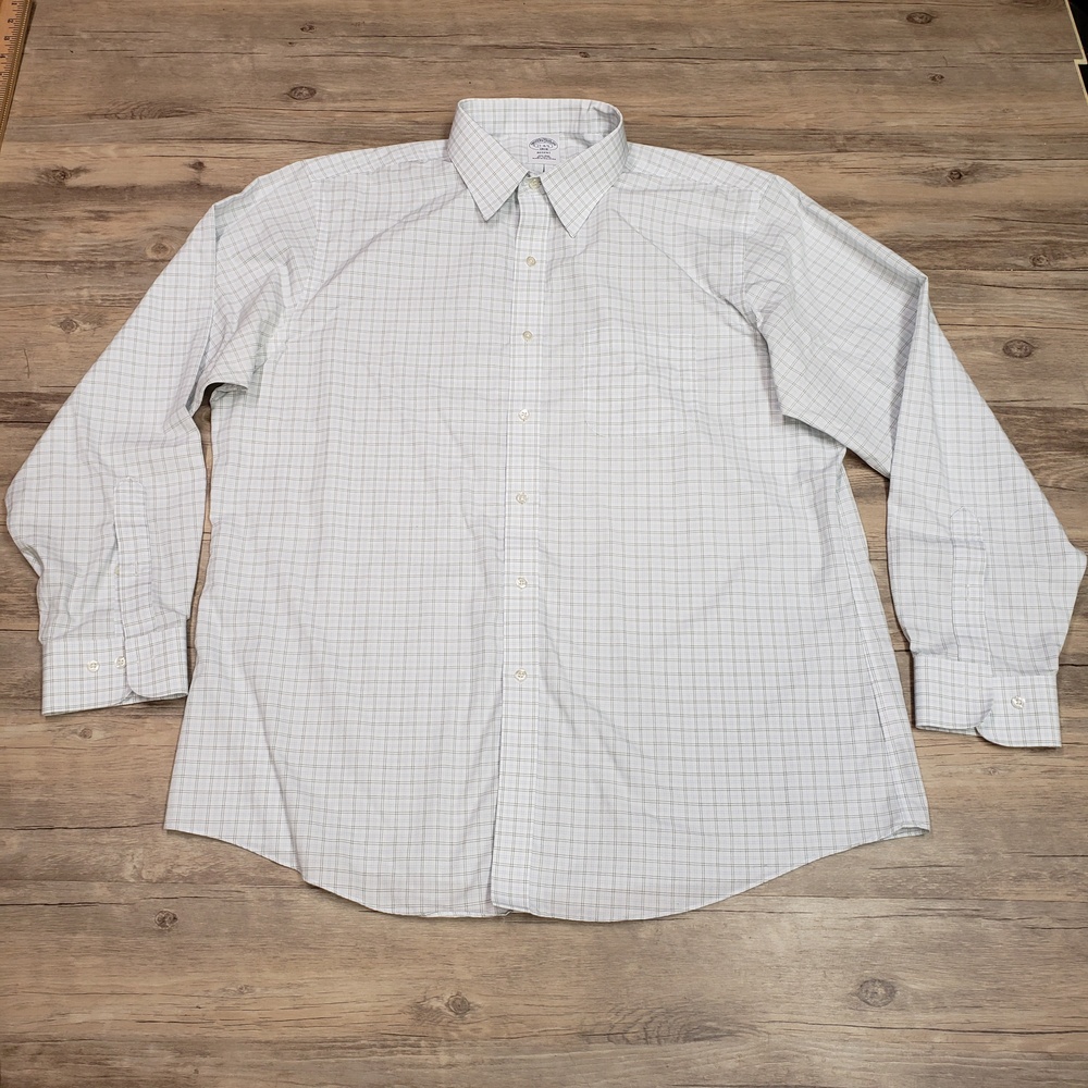 Brooks Brothers Shirt Mens 17 White Check Regent Non-Iron Dress Long Sleeve